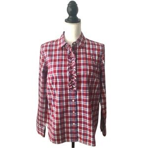 Talbots Plaid Ruffle Front Button Blouse Red Blue Cotton Size 10 Classic Preppy